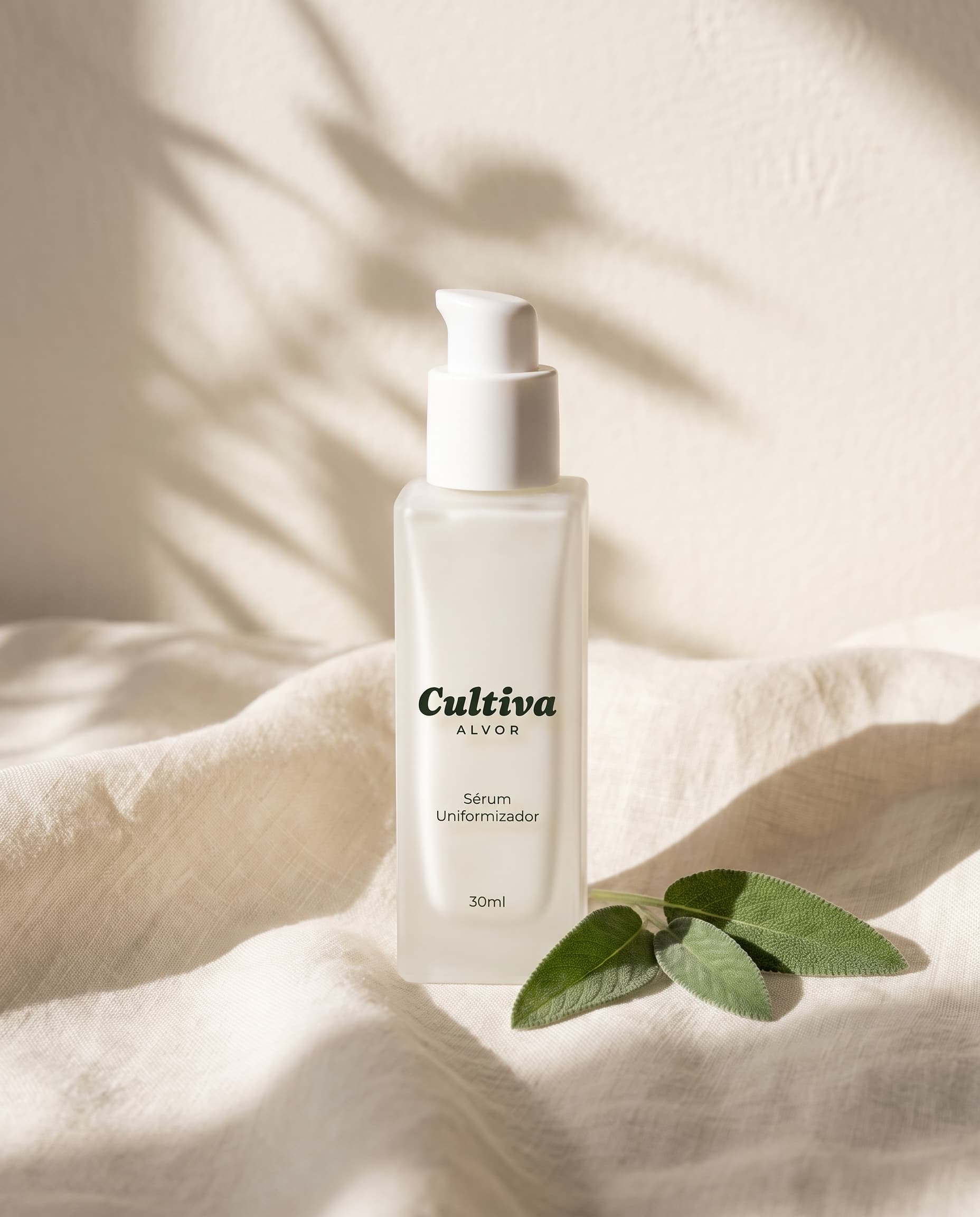 Sérum Uniformizador Cultiva sobre linho com folhas de sálvia