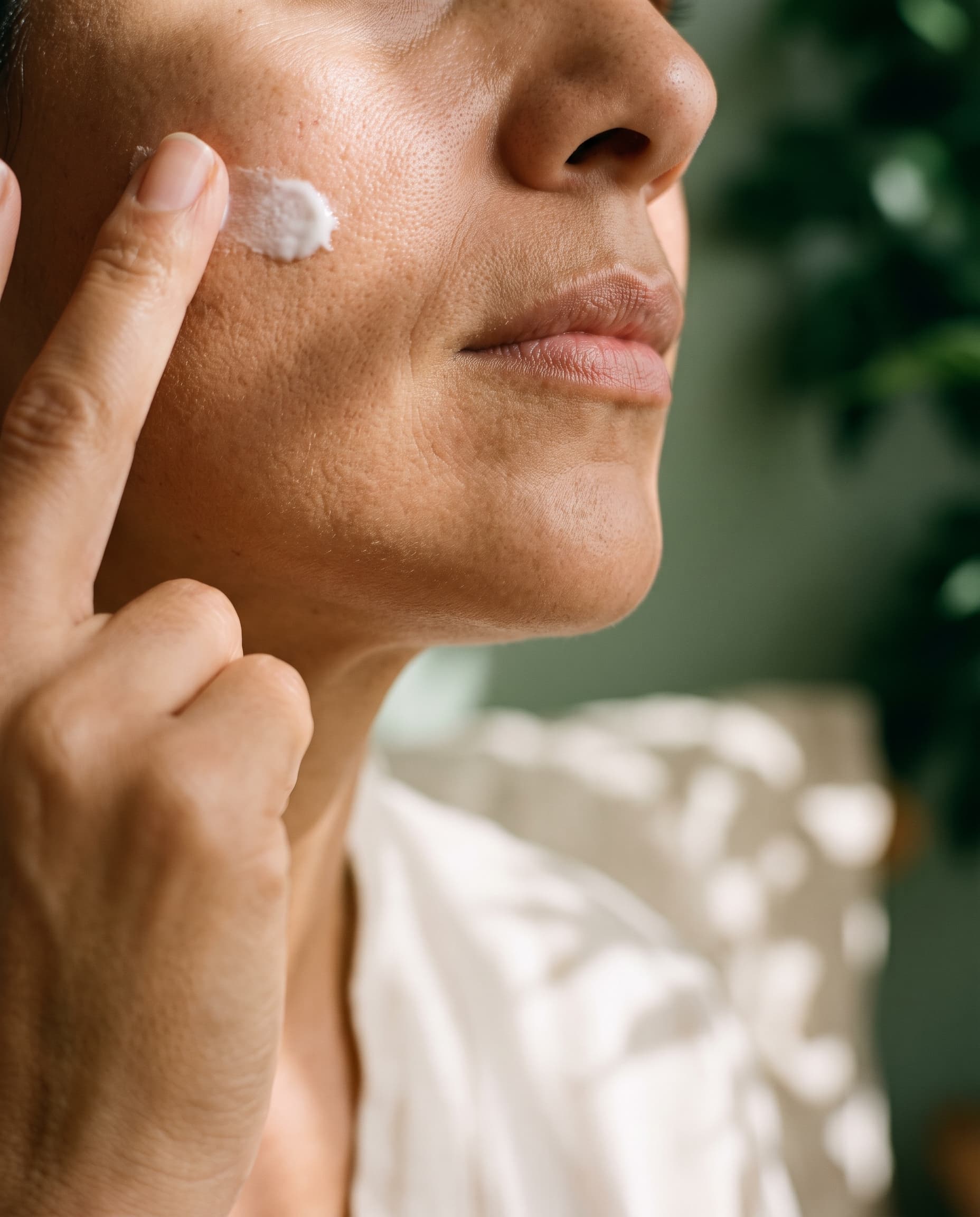 Aplicação do creme branco na bochecha com a ponta do dedo, em luz natural