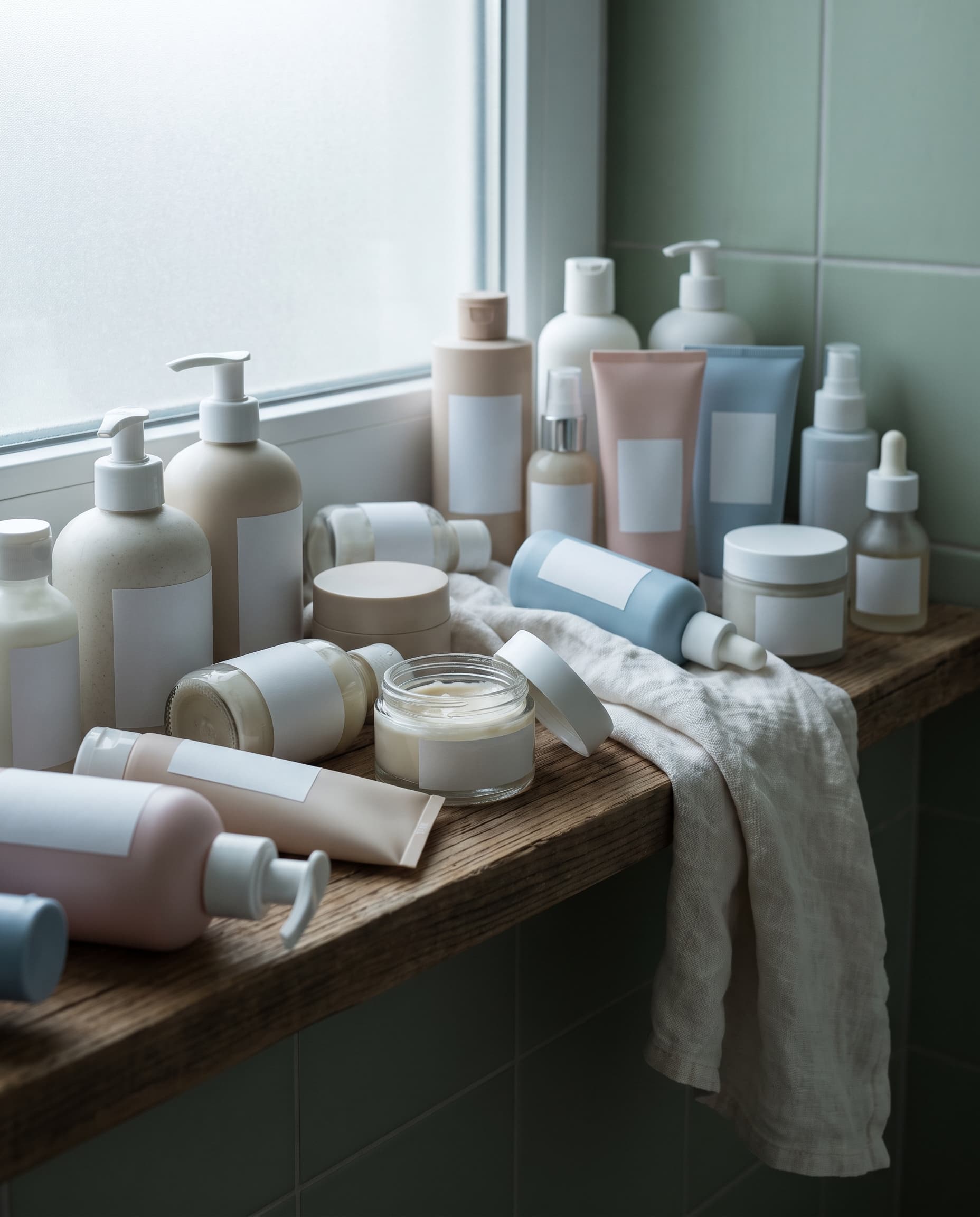 Bancada abarrotada de cosméticos genéricos sem rótulo